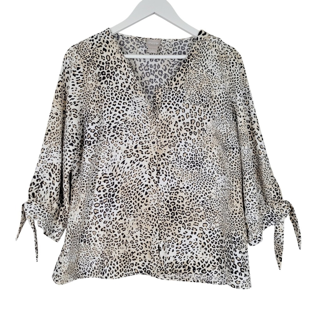 Chico's Leopard Print Blouse Womens 1 Size 8/10 Tan Black Tie Cuff V-Neck Button